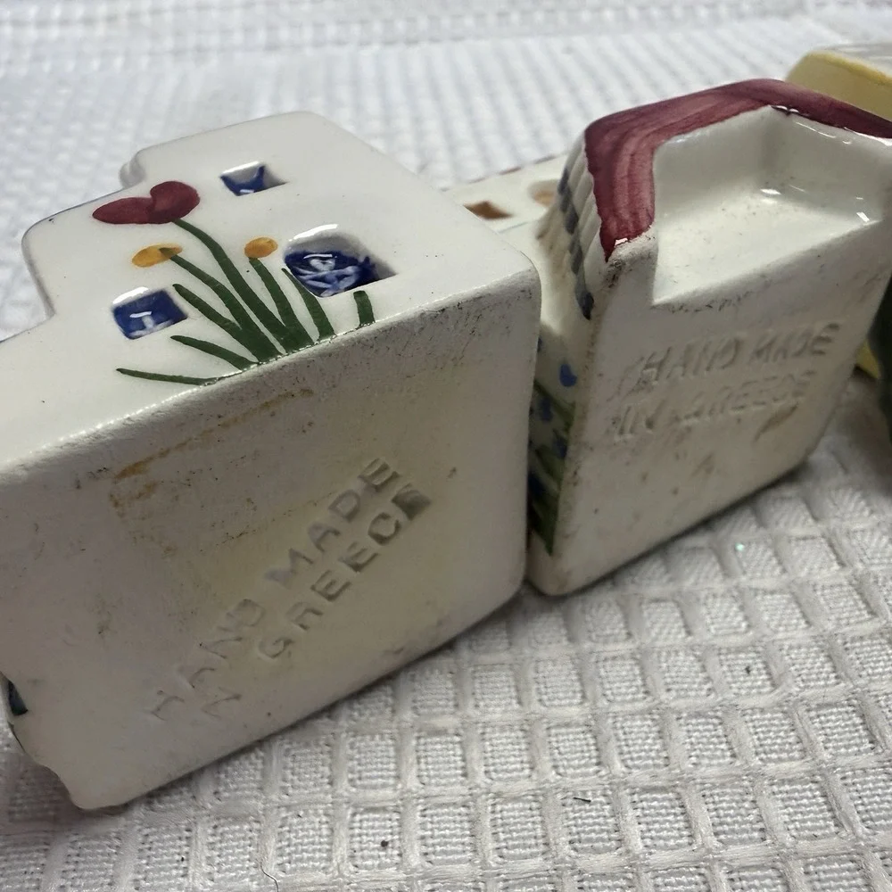 4 Vintage Ceramic Greek Islands Villa House Churches Figurines Handmade Greece